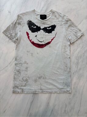 Heath Ledger Salvage White Tee with Black and Red Joker Graphic